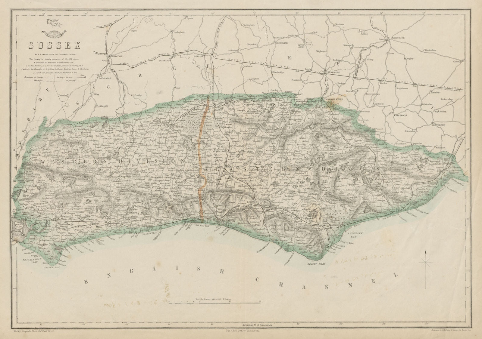 SUSSEX. Chichester Rye Brighton Horsham. County map.Railways.BR DAVIES 1862